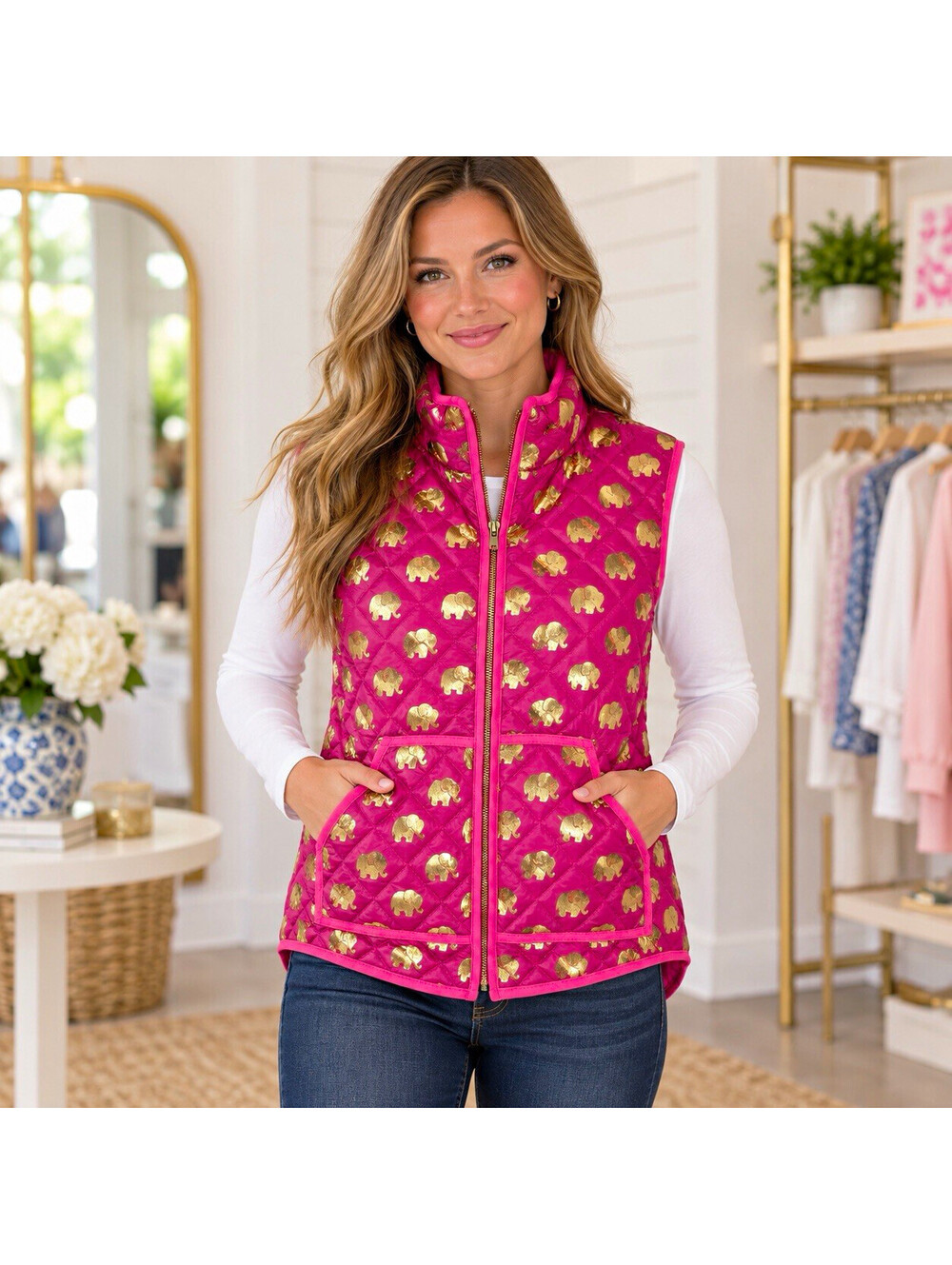 Simply Southern Pink Gold Elephant Quilted Puffer Vest Women Small NWT